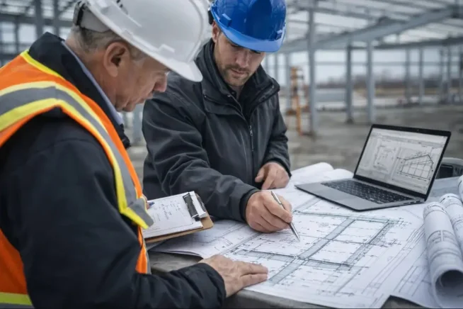 Two engineers reviewing construction drawings on site at a commercial property